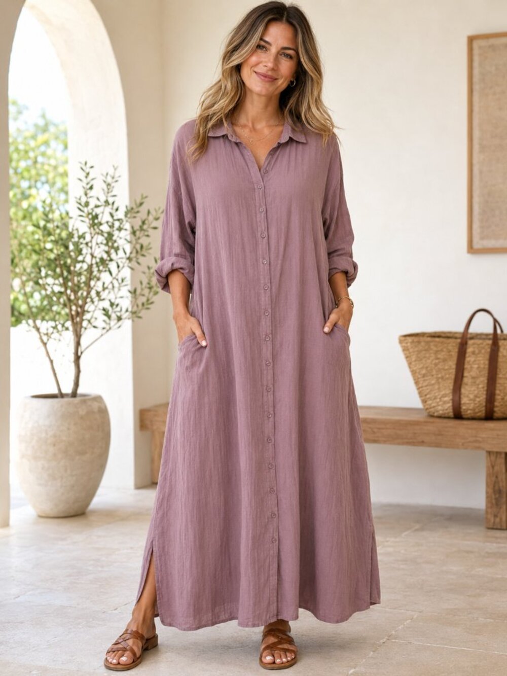 Natural Life Mauve  Maxi Shirt Dress Lagenlook Oversized Boho Sz L/XL  1078